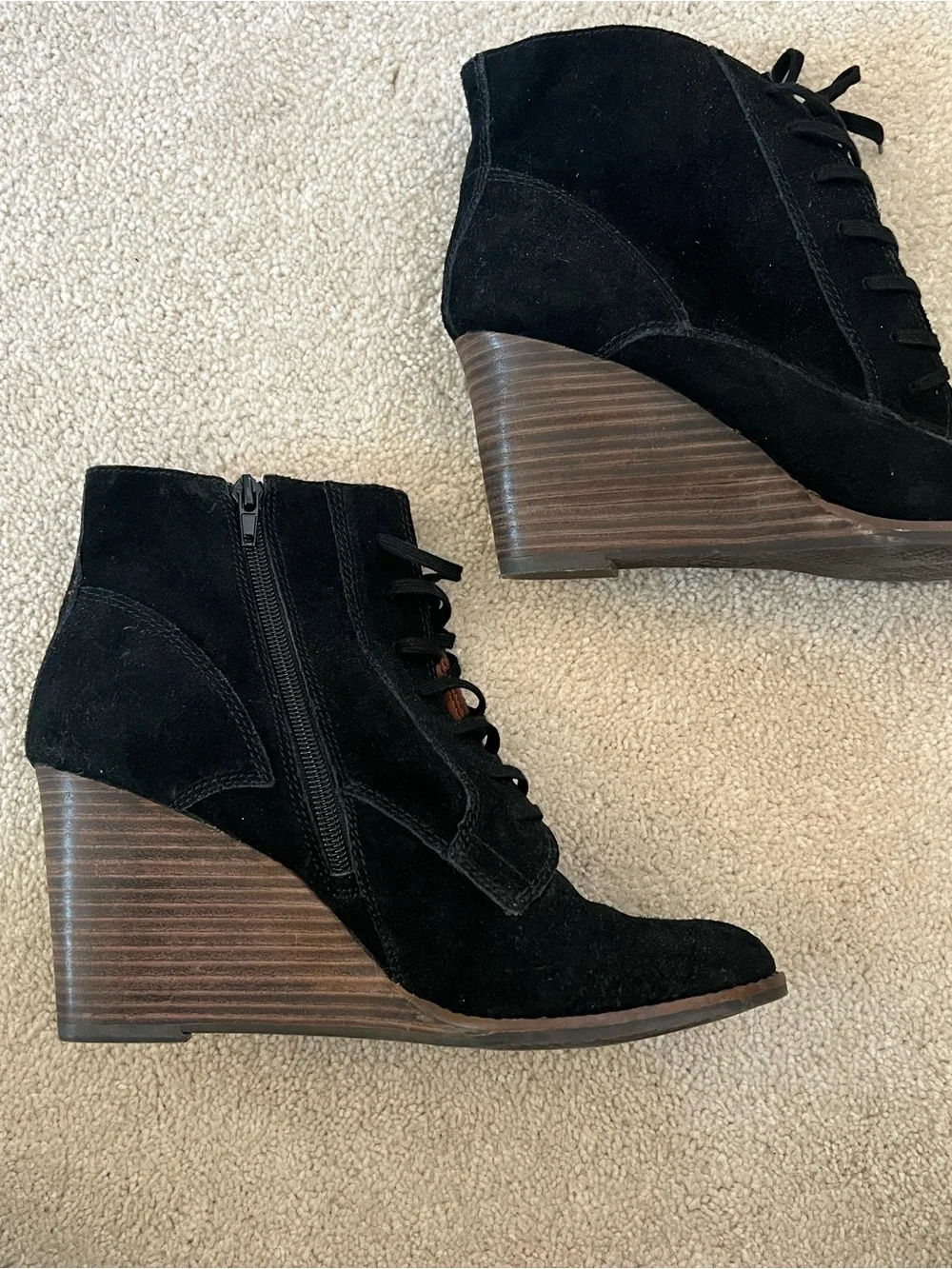 Lucky Brand Black Suede Lace-Up Wedge Ankle Boots